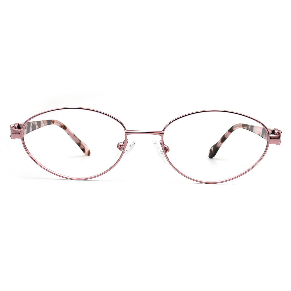 Oval Pink spectacles with tortoiseshell butterfly temple accents on a white background