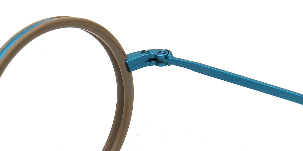Close-up of eyeglasses with brown frame and blue arm on a white background