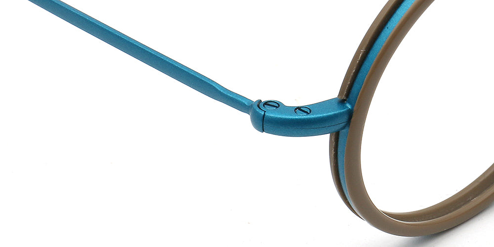 Close-up of a teal temple eyeglass frame with a white background