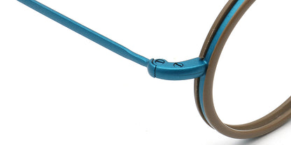 Close-up of a teal temple eyeglass frame with a white background