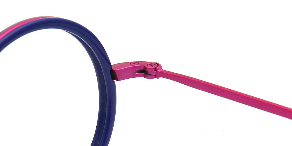 Close-up of a pair of glasses with blue and pink frames on a white background