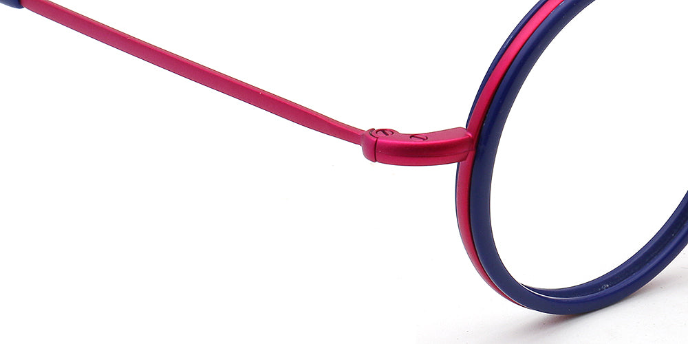 Close-up of a pair of round eyeglasses with pink and blue frames on a white background