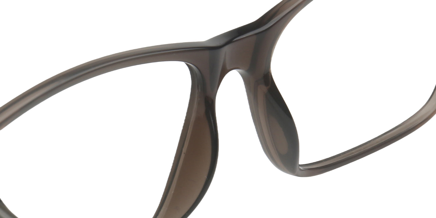 Close-up of a grey eyeglasses frame on a white background