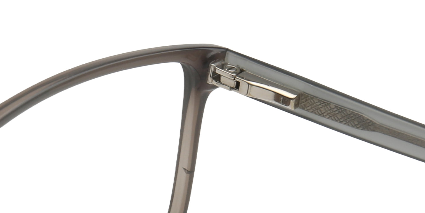 Close-up of a gray eyeglass frame hinges on a white background