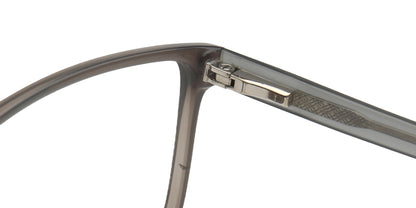 Close-up of a gray eyeglass frame hinges on a white background