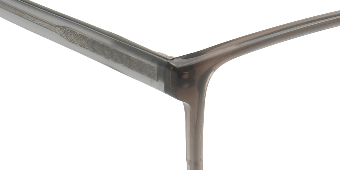 Close-up of a pair of grey temple eyeglasses with a metallic frame on a white background