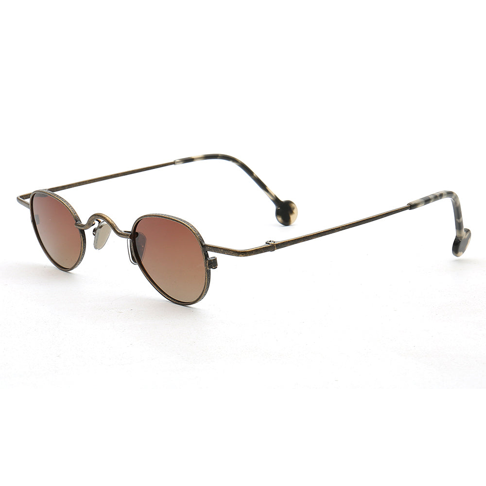 A pair of bronze colored sunglasses with brown polarized lenses
