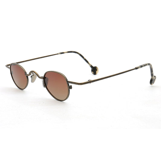 A pair of bronze colored sunglasses with brown polarized lenses
