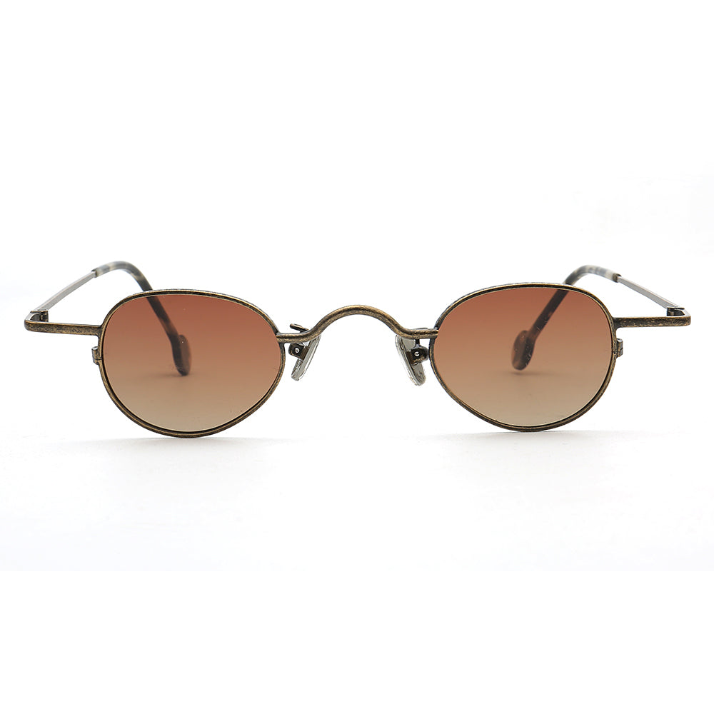 A pair of bronze colored sunglasses with brown lenses