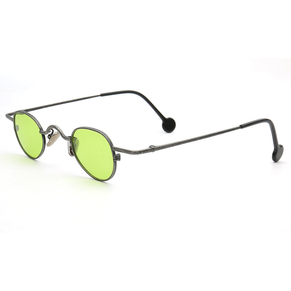 Side view of grey retro sunglasses with lime lenses