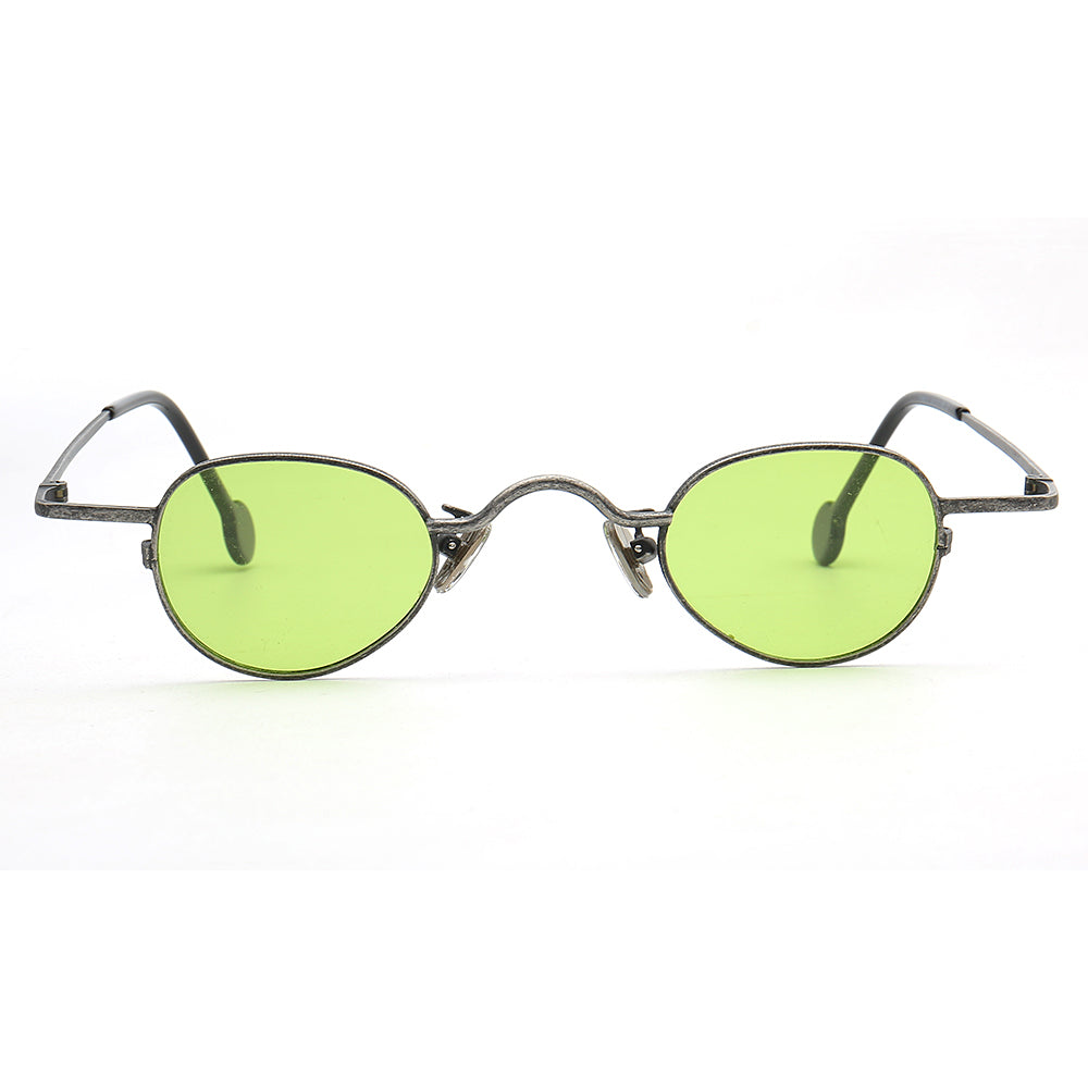 A pair of grey sunglasses with lime colored polarized lenses