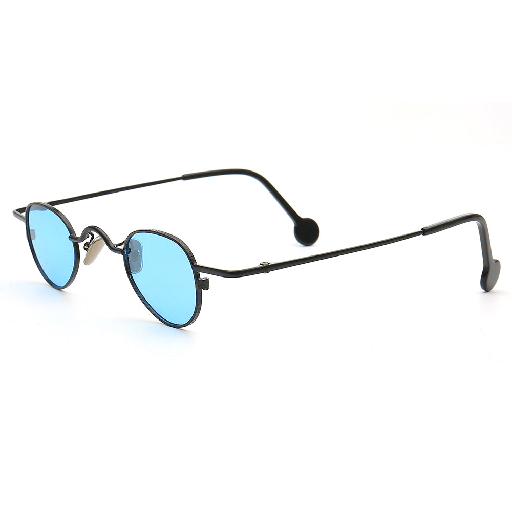 A pair of small round sunglasses with blue lenses