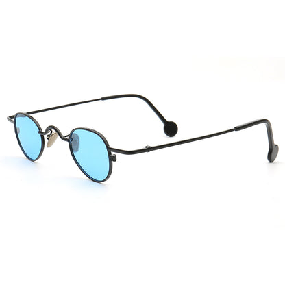 A pair of small round sunglasses with blue lenses