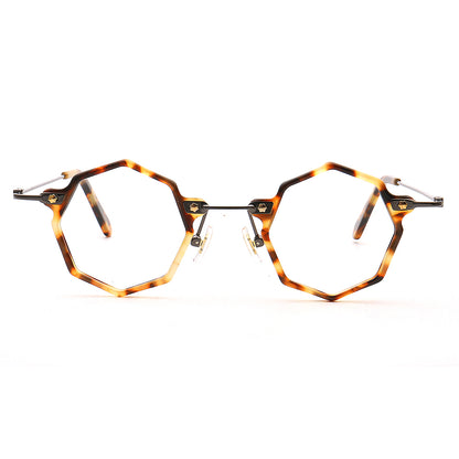 A pair of tortoise shell polygon eyeglasses