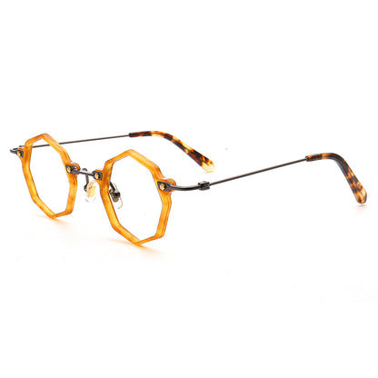 Side view of orange tortoise shell geometric eyeglasses