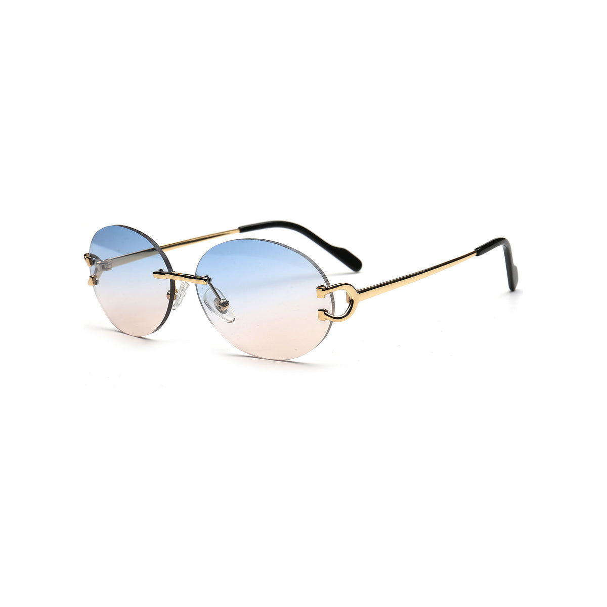 Y2K gradient round rimless sunglasses with gold metal temples side view