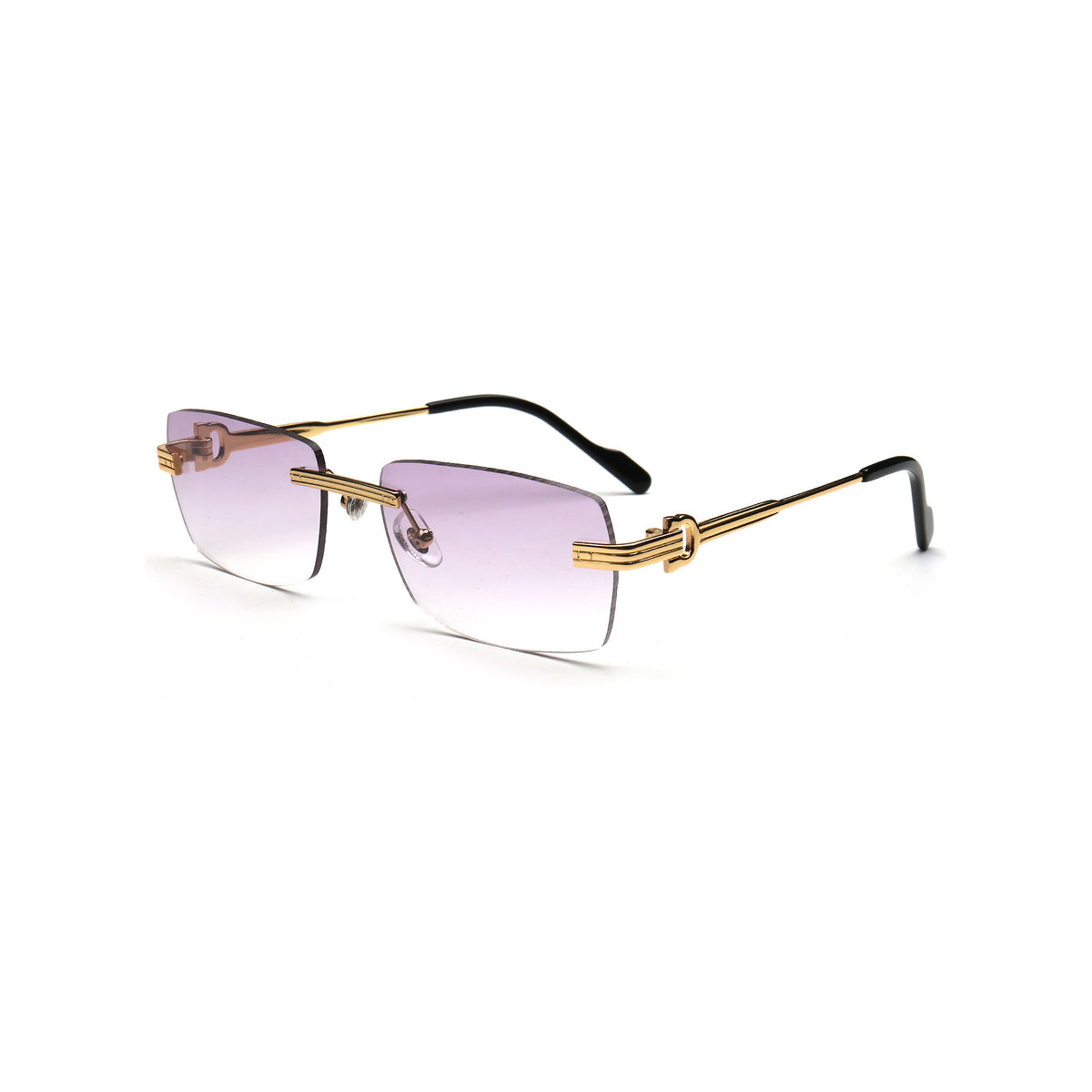 Y2K purple gradient rimless sunglasses with gold temples side view