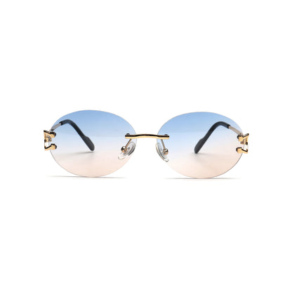 Blue peach gradient round rimless sunglasses for women front view