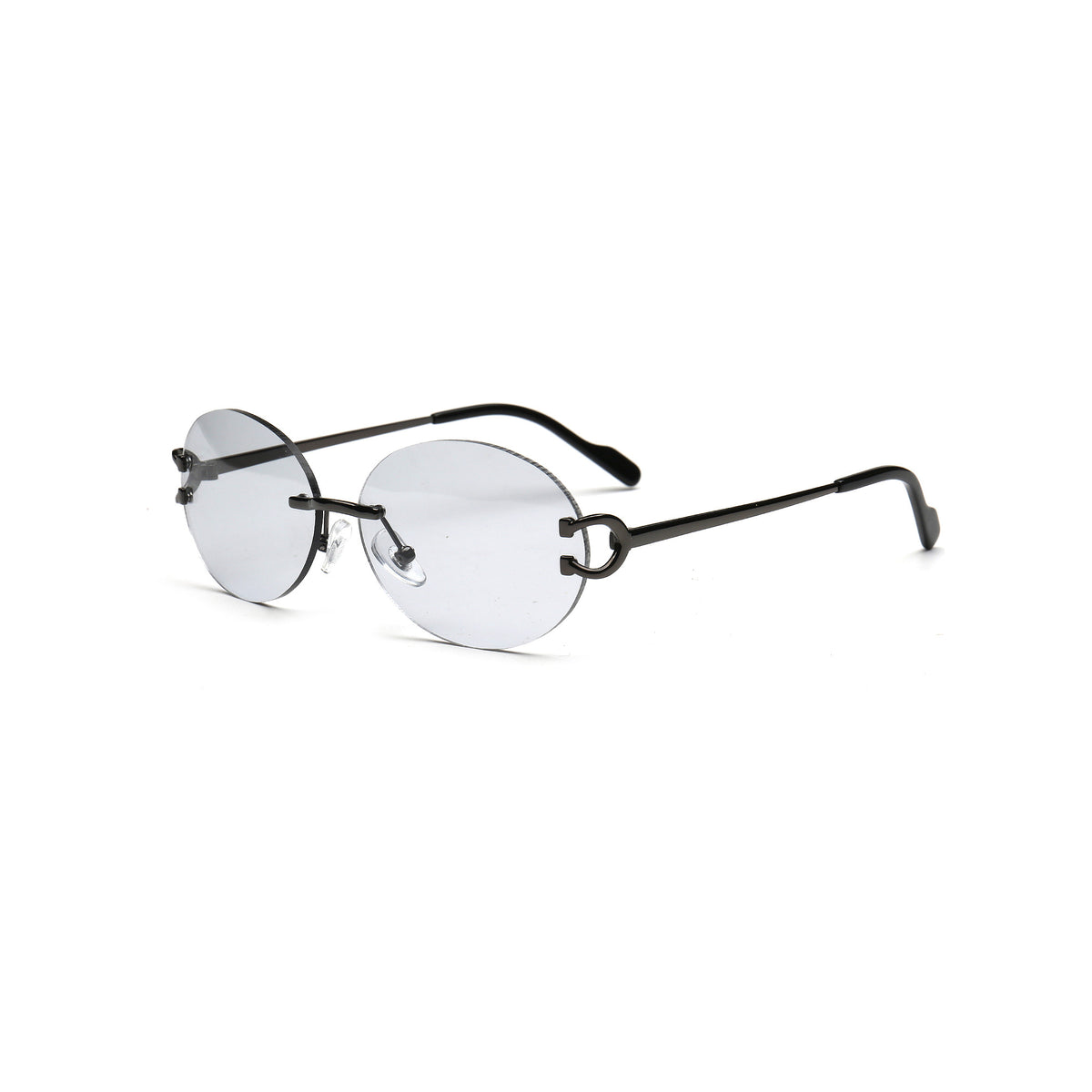Retro gray tinted round rimless sunglasses side view