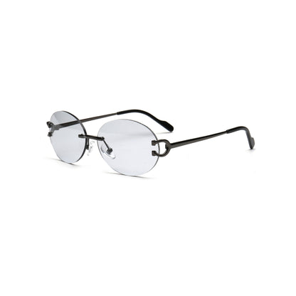 Retro gray tinted round rimless sunglasses side view