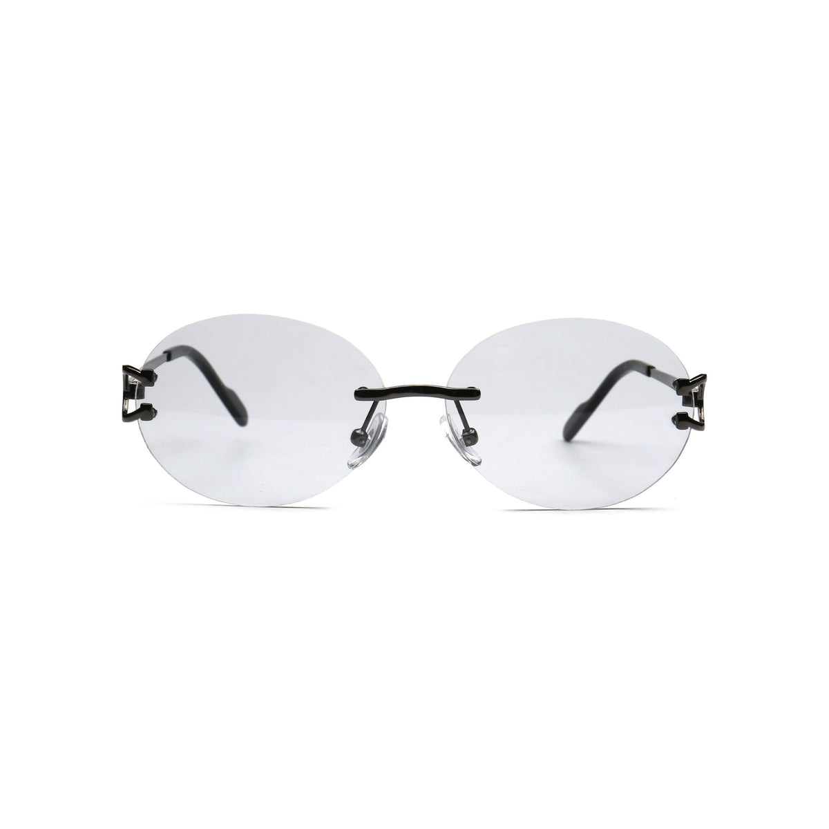 Light gray round rimless sunglasses with black temples front view