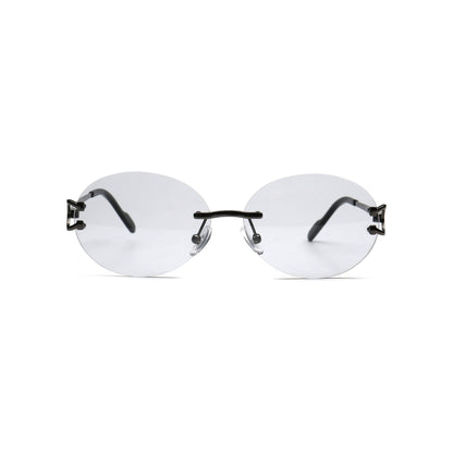 Light gray round rimless sunglasses with black temples front view