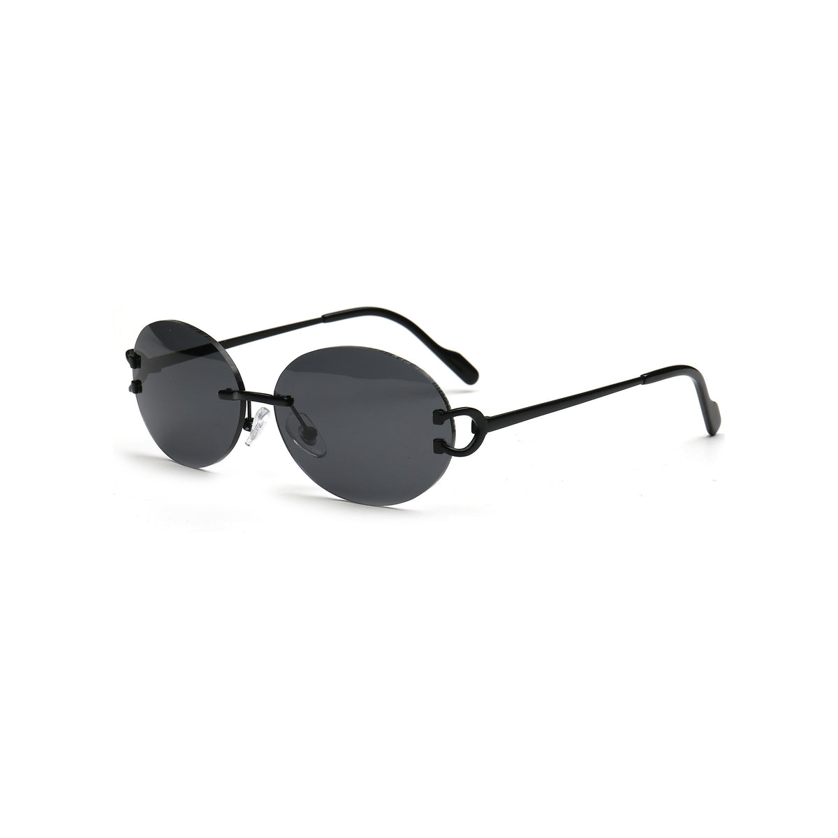 Retro black round rimless sunglasses with metal temples side view