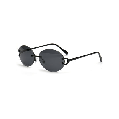 Retro black round rimless sunglasses with metal temples side view