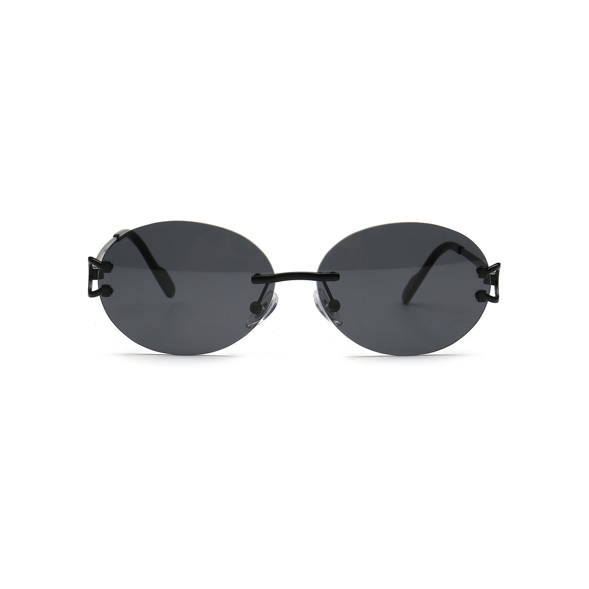 Black round rimless sunglasses with dark lenses front view