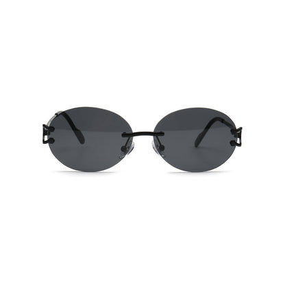 Black round rimless sunglasses with dark lenses front view