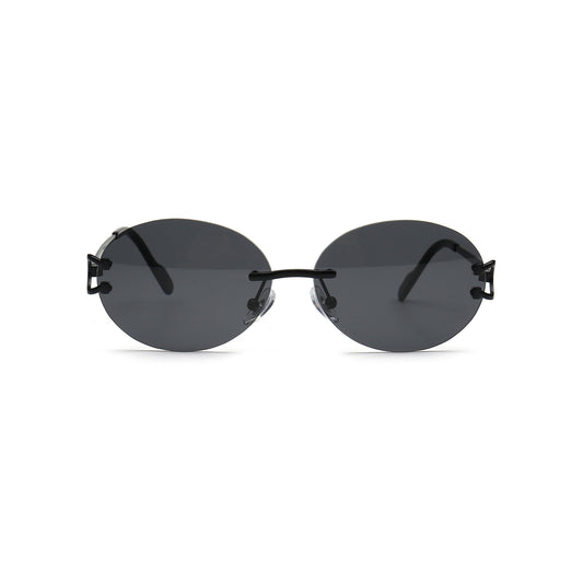 Black round rimless sunglasses with dark lenses front view