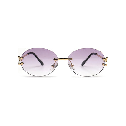 Purple gradient round rimless sunglasses with gold temples front view
