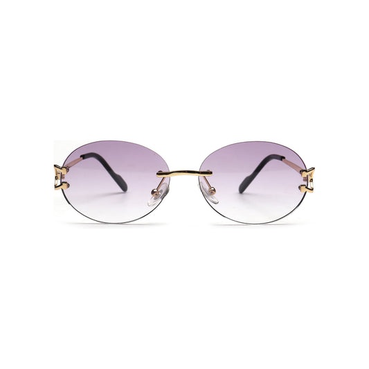 Purple gradient round rimless sunglasses with gold temples front view