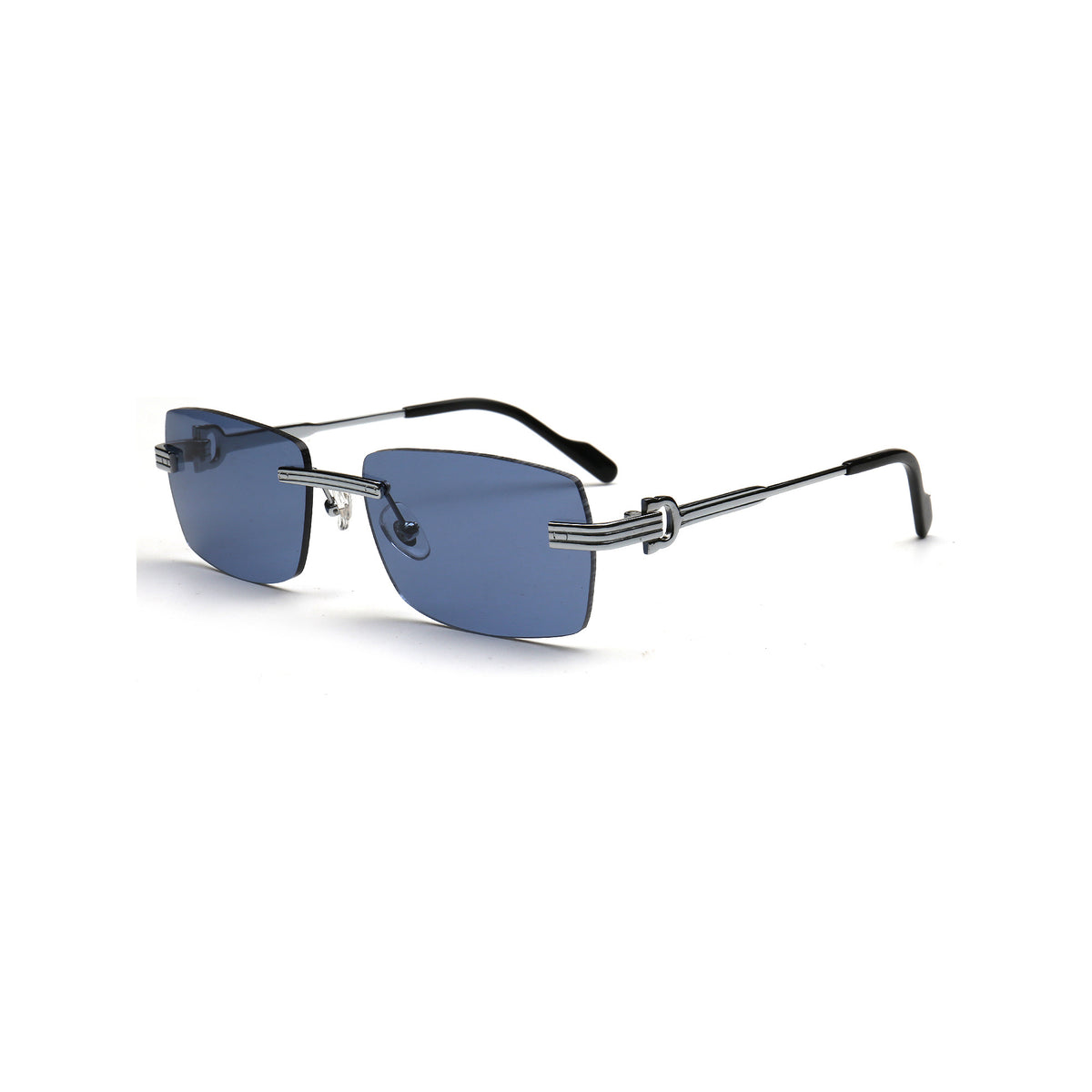 Y2K blue rimless sunglasses with silver metal temples side view