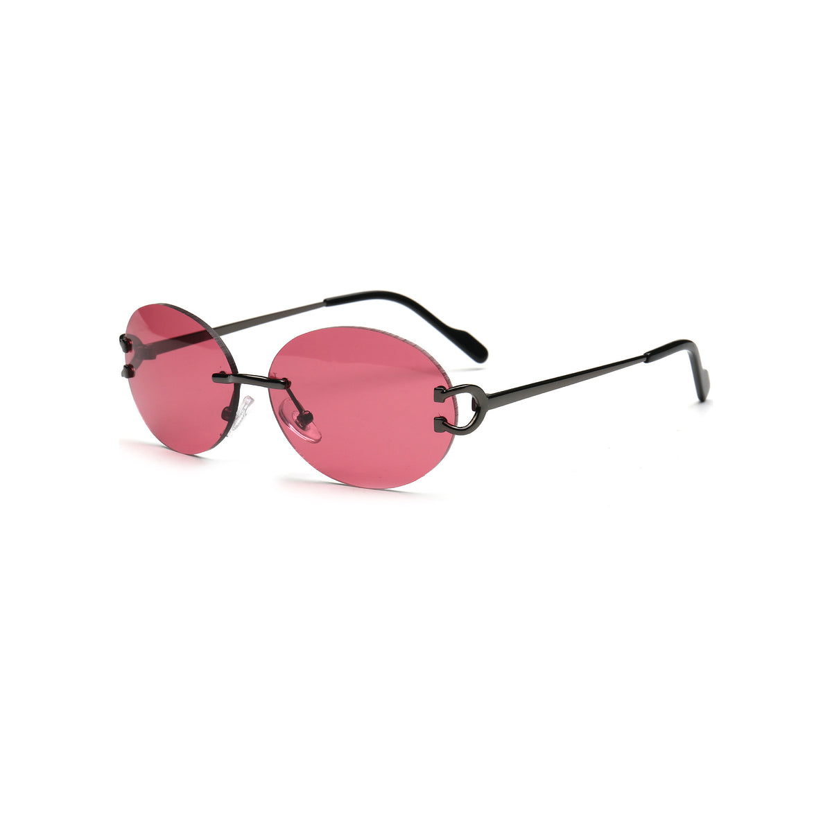 Y2K pink tinted round rimless sunglasses for women side view
