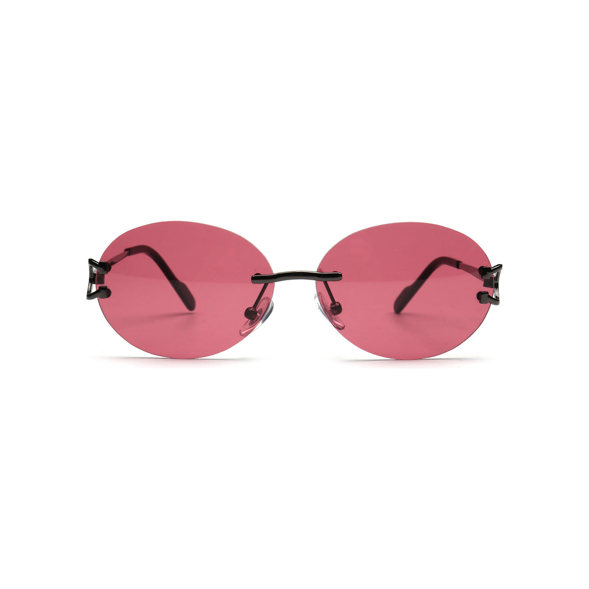 Rose pink round rimless sunglasses with black temples front view