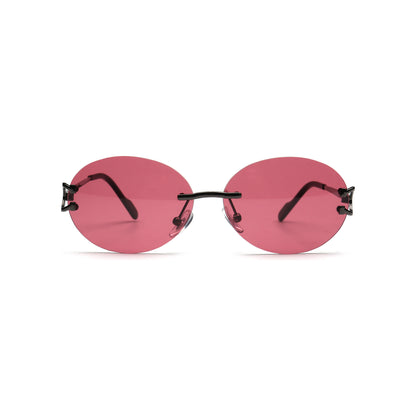 Rose pink round rimless sunglasses with black temples front view