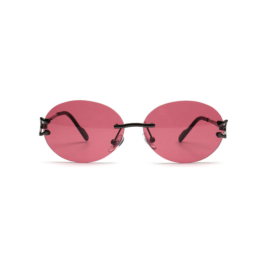 Rose pink round rimless sunglasses with black temples front view