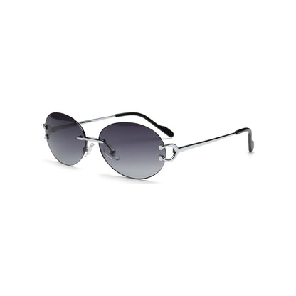 Retro smoky gray round rimless sunglasses side view