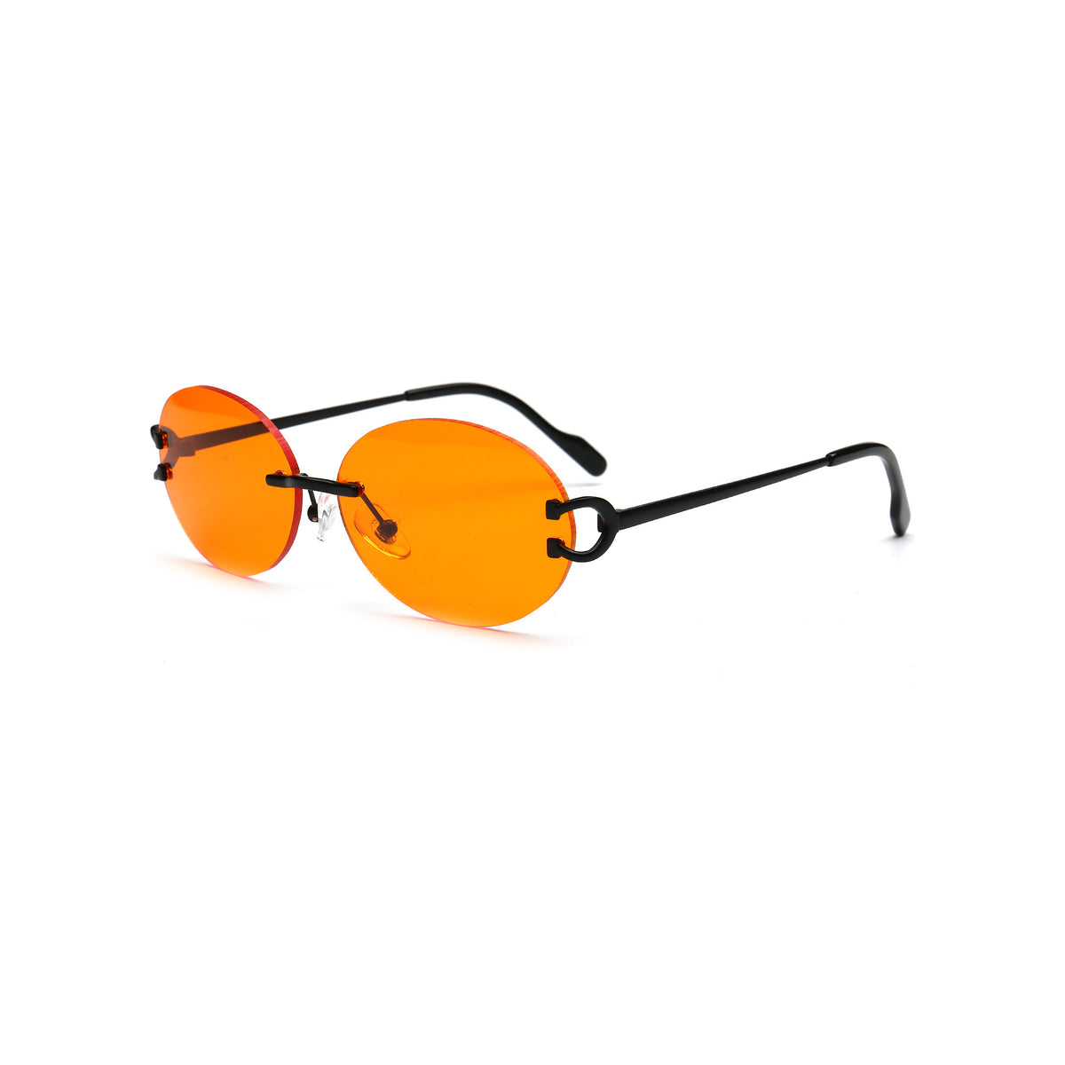 Y2K orange round rimless sunglasses for women side view
