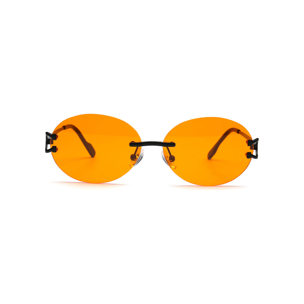 Bright orange round rimless sunglasses with black temples front view