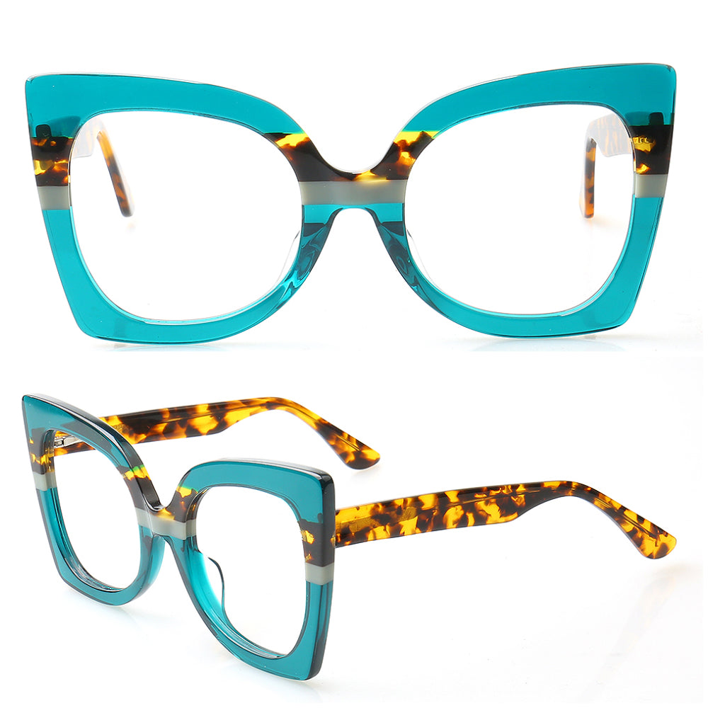 Pair of cat-eye glasses with turquoise and tortoiseshell frame on a white background