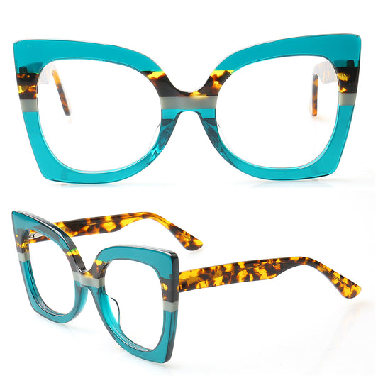 Pair of cat-eye glasses with turquoise and tortoiseshell frame on a white background