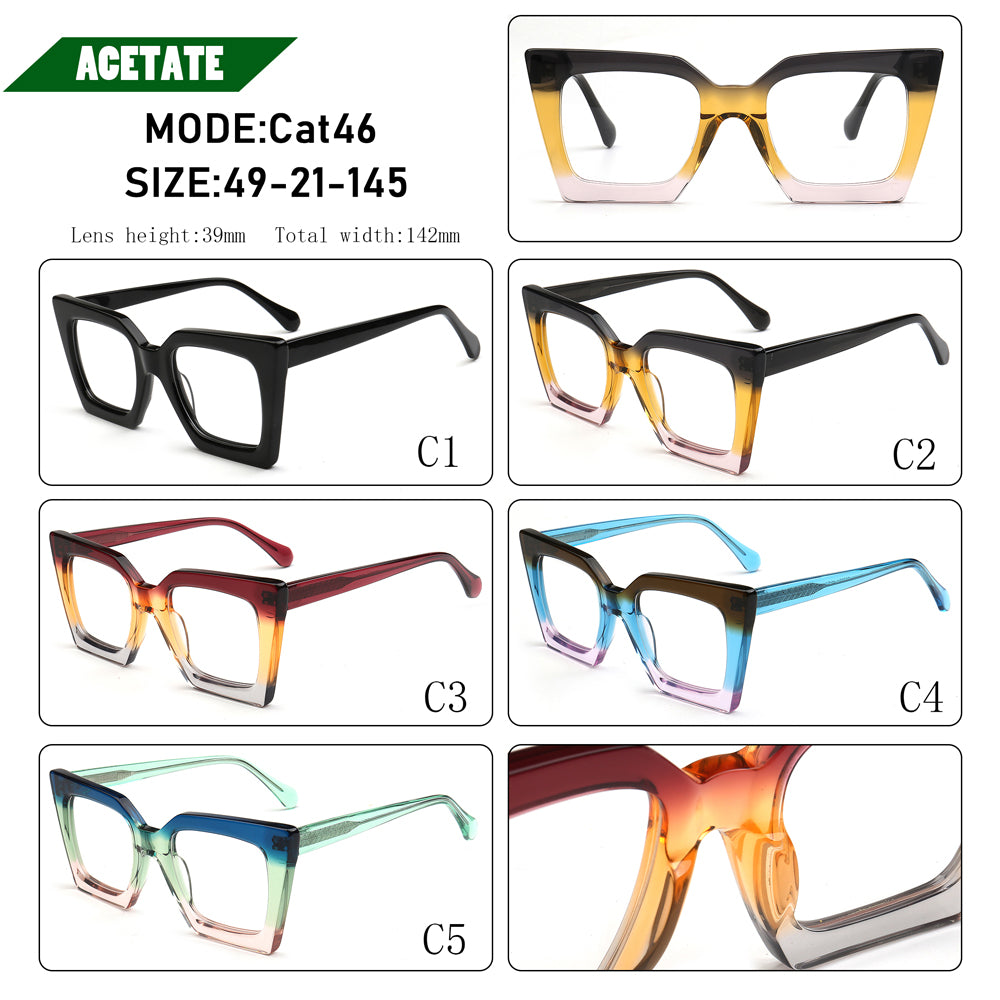Collection of cat-eye glasses with different color combinations on a white background.