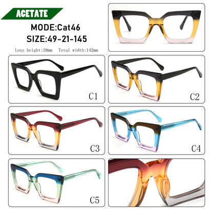 Collection of cat-eye glasses with different color combinations on a white background.