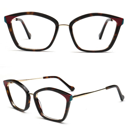 Elodie tortoise wine and teal cat eye eyeglasses, front and three-quarter views