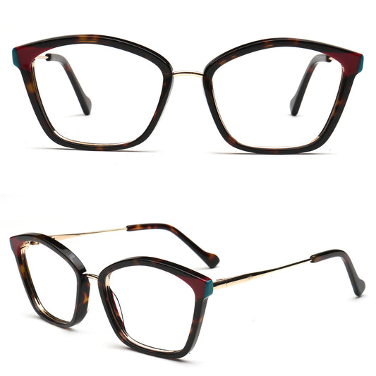 Elodie tortoise wine and teal cat eye eyeglasses, front and three-quarter views
