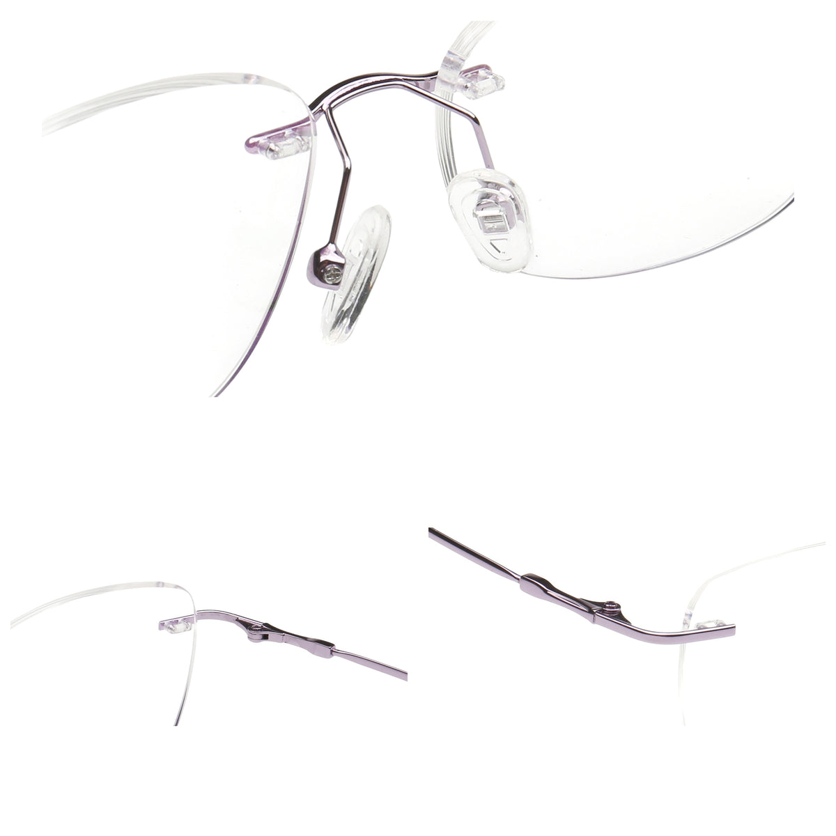H6703 rimless eyeglasses bridge hinge and temple details