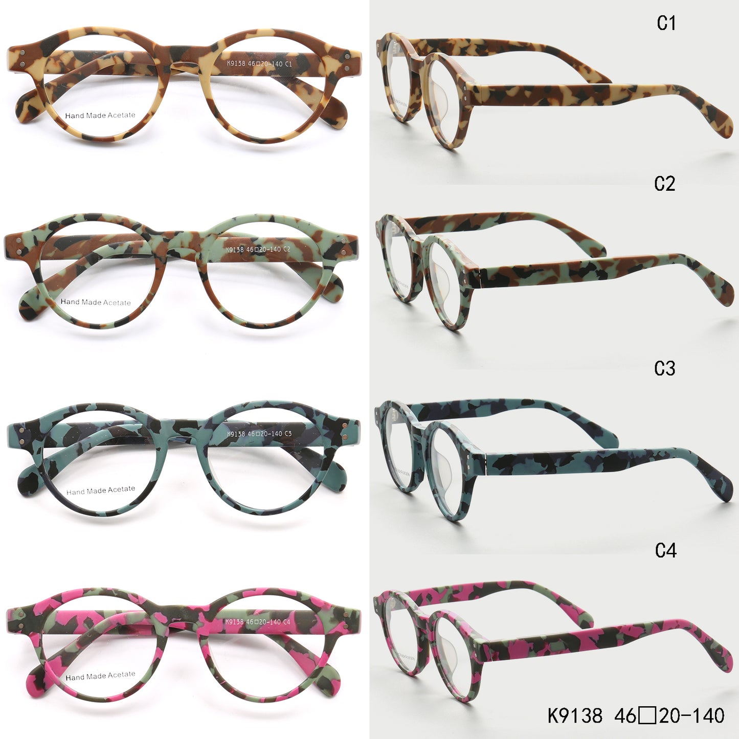 Round camo patterned acetate eyeglass frames