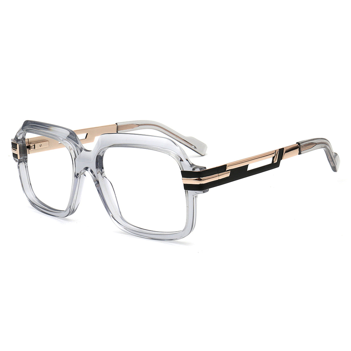 black oversized square acetate glasses with gold metal temple details front view